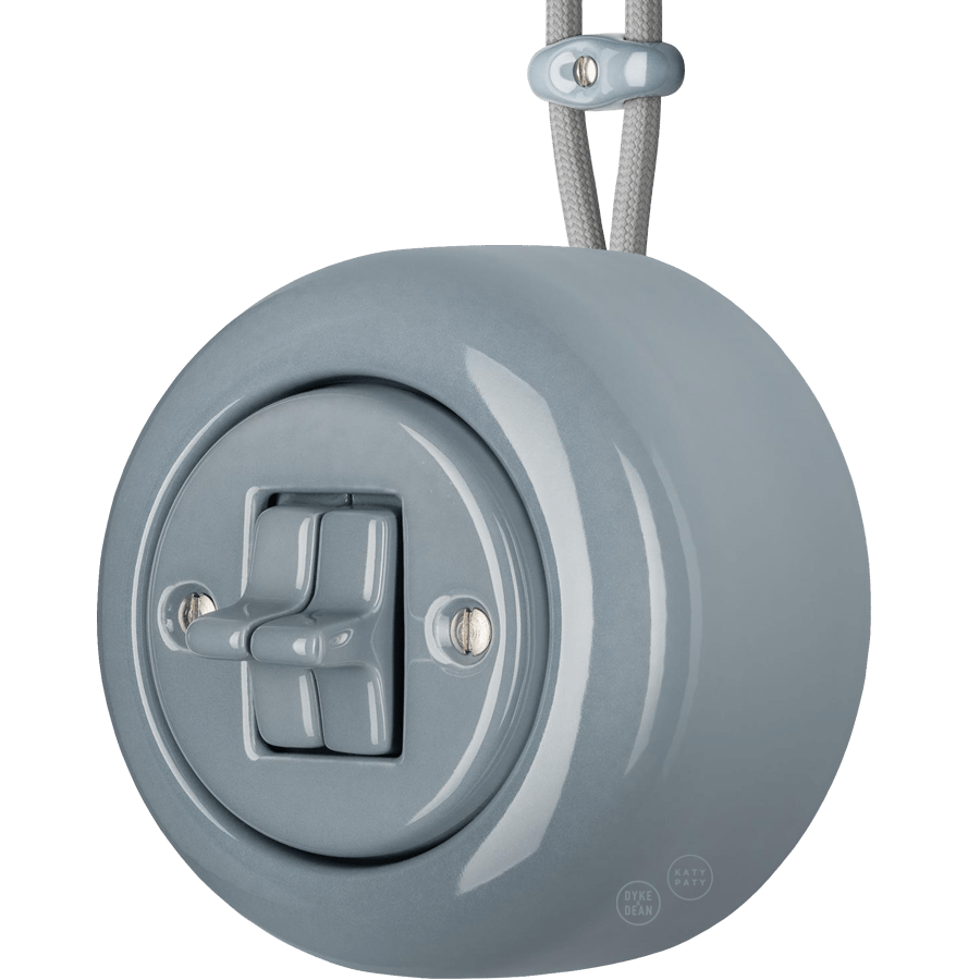 Ash Grey round porcelain surface-mounted double toggle switch by Katy Paty