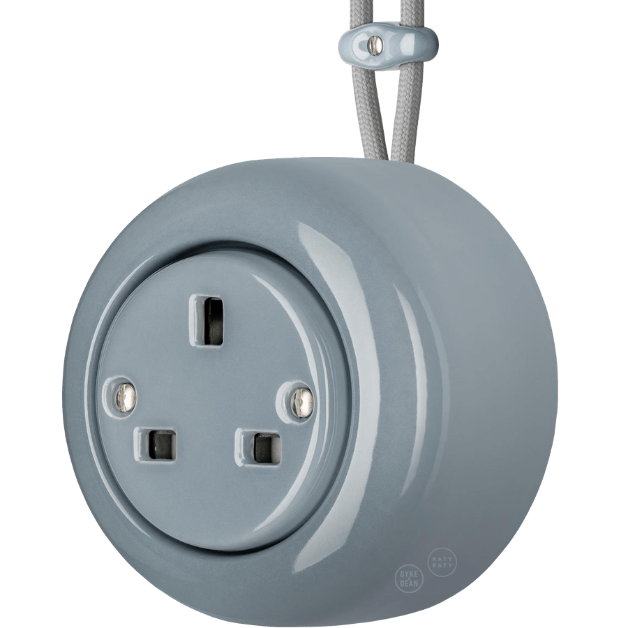 Ash Grey round porcelain surface-mounted UK socket by Katy Paty
