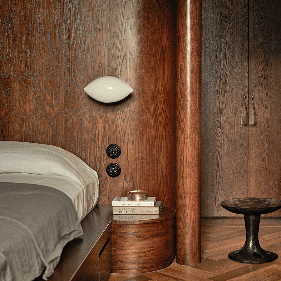 Red round porcelain UK 3-pin wall socket by Katy Paty