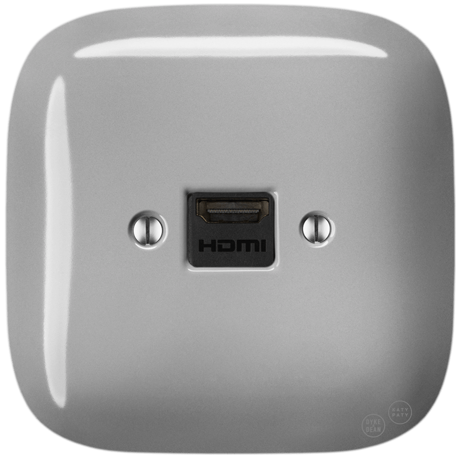 Grey square porcelain HDMI wall socket by Katy Paty