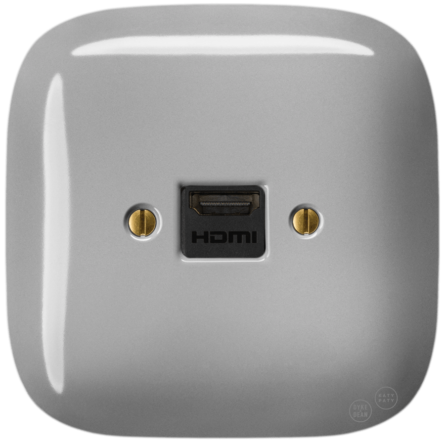 Grey square porcelain HDMI wall socket by Katy Paty