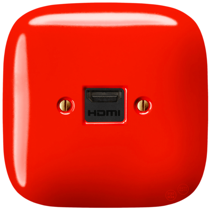 Red square porcelain HDMI wall socket by Katy Paty