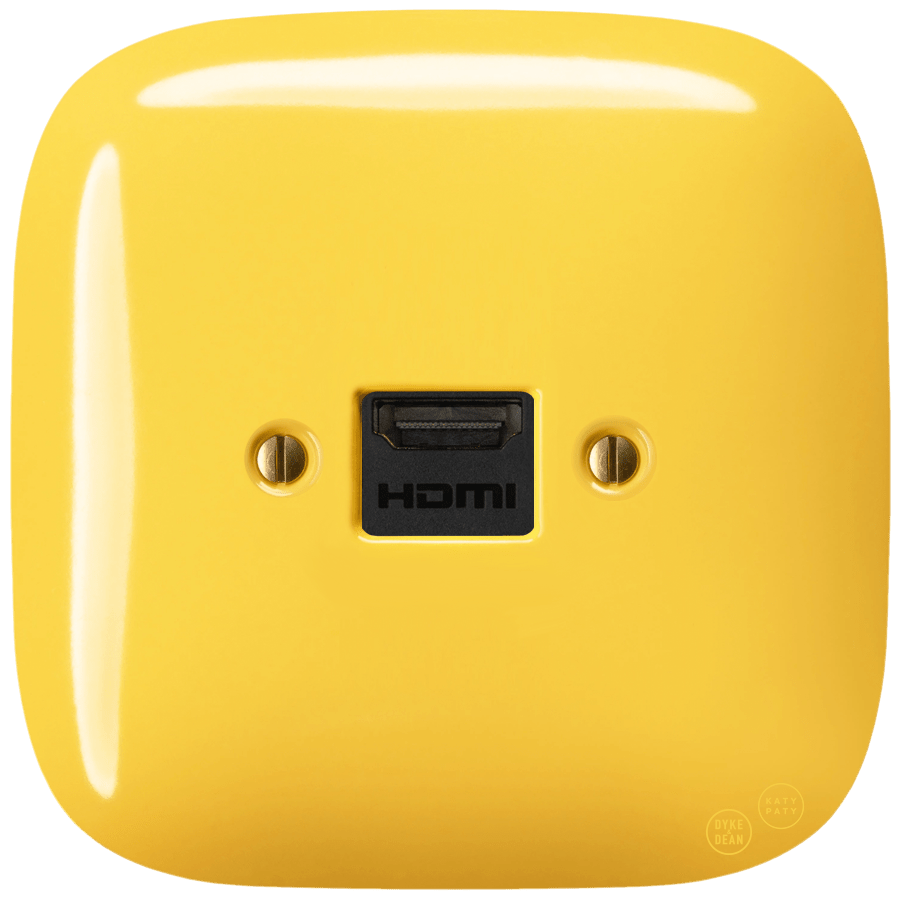 Yellow square porcelain HDMI wall socket by Katy Paty