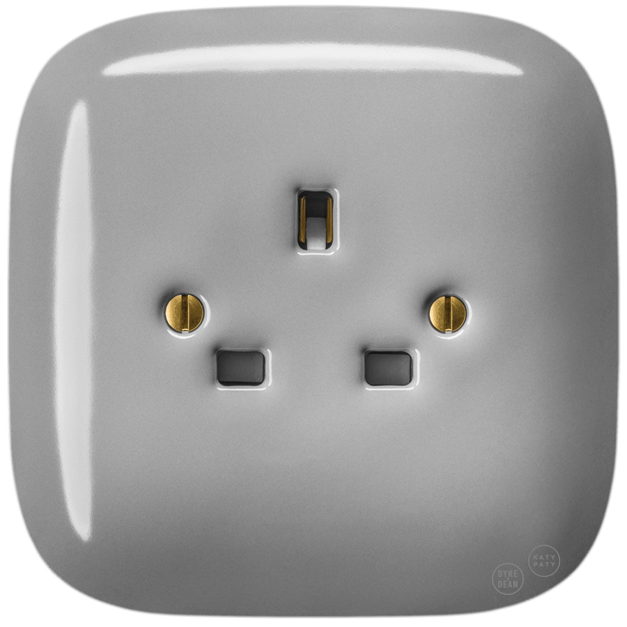 Grey square porcelain UK 3-pin wall socket by Katy Paty