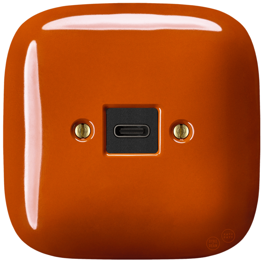 Brick Red square porcelain USB-C charger wall socket by Katy Paty