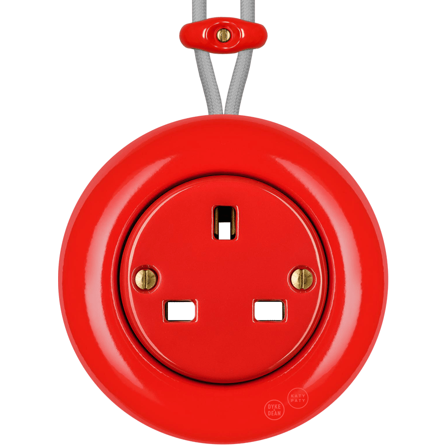 Red round porcelain surface-mounted UK socket by Katy Paty