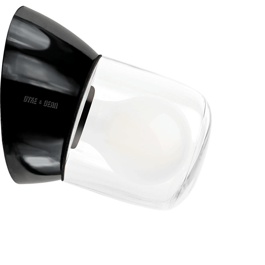 Angled glossy Bakelite rear-wired wall light with a screw-on opal glass shade