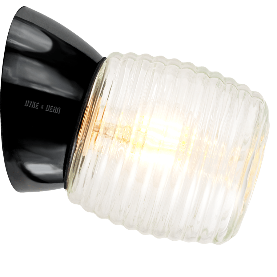 Angled glossy Bakelite rear-wired wall light with a screw-on opal glass shade