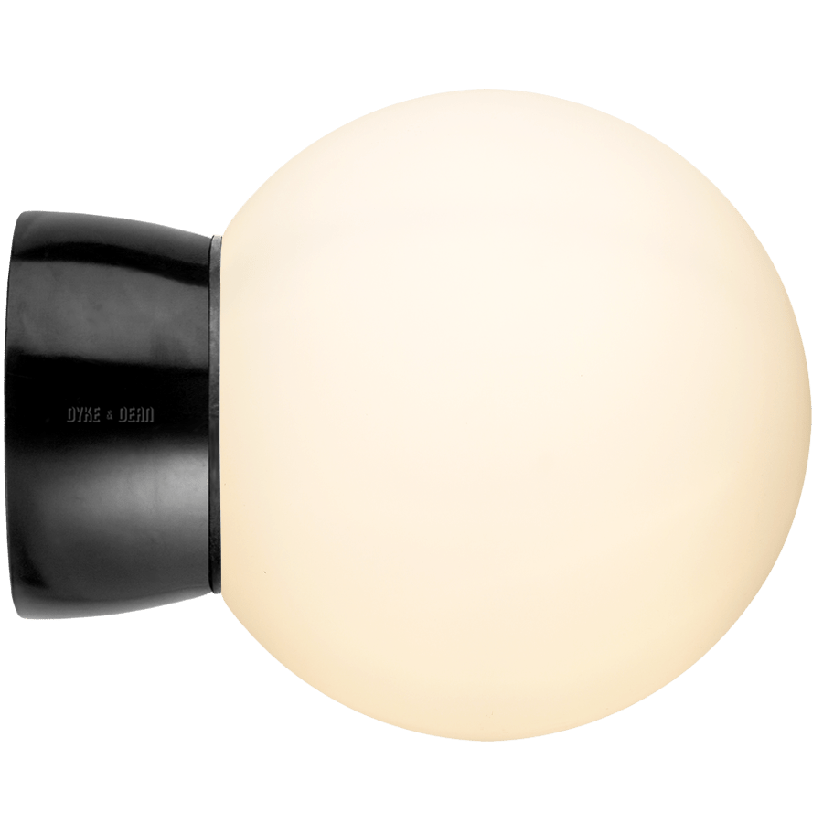 Glossy Bakelite rear-wired wall light with a screw-on opal glass shade
