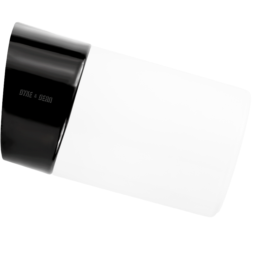 Black glossy ceramic rear-wired angled lamp with a screw-on glass shade