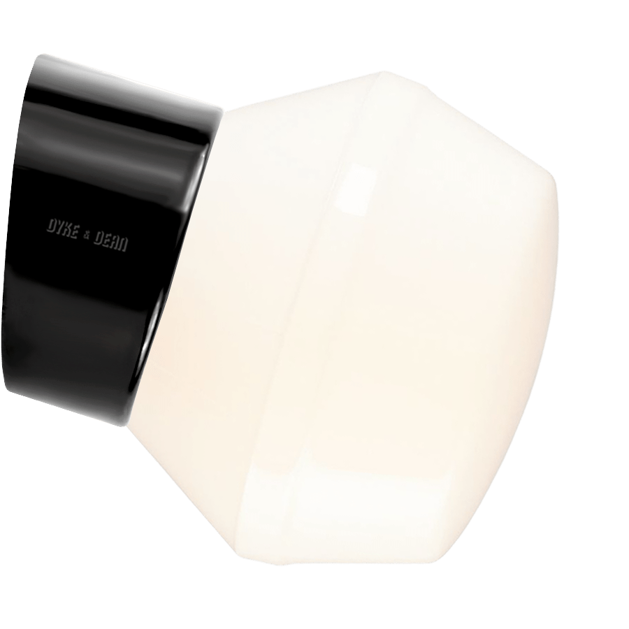 Black glossy ceramic rear-wired angled lamp with a screw-on glass shade