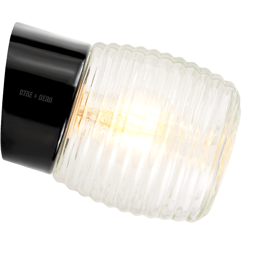 Black glossy ceramic rear-wired angled lamp with a screw-on glass shade