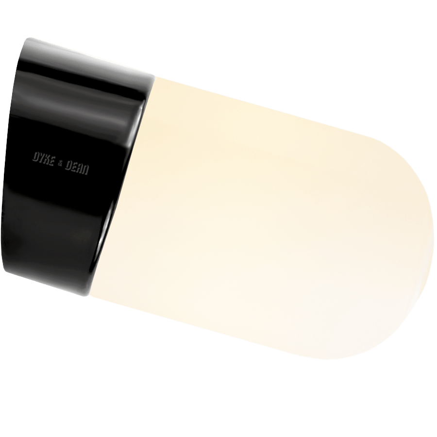 Black glossy ceramic rear-wired angled lamp with a screw-on glass shade