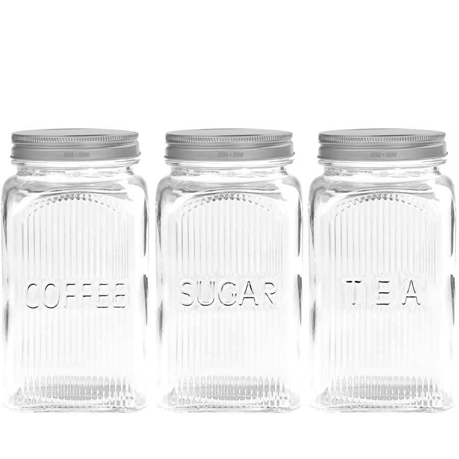Square ribbed glass Coffee storage jar with metal screw top lid